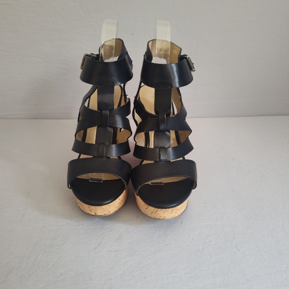 Guess GWhenra Black Strappy Cork Wedge Platform Sandals Womens 7M GWHENRA